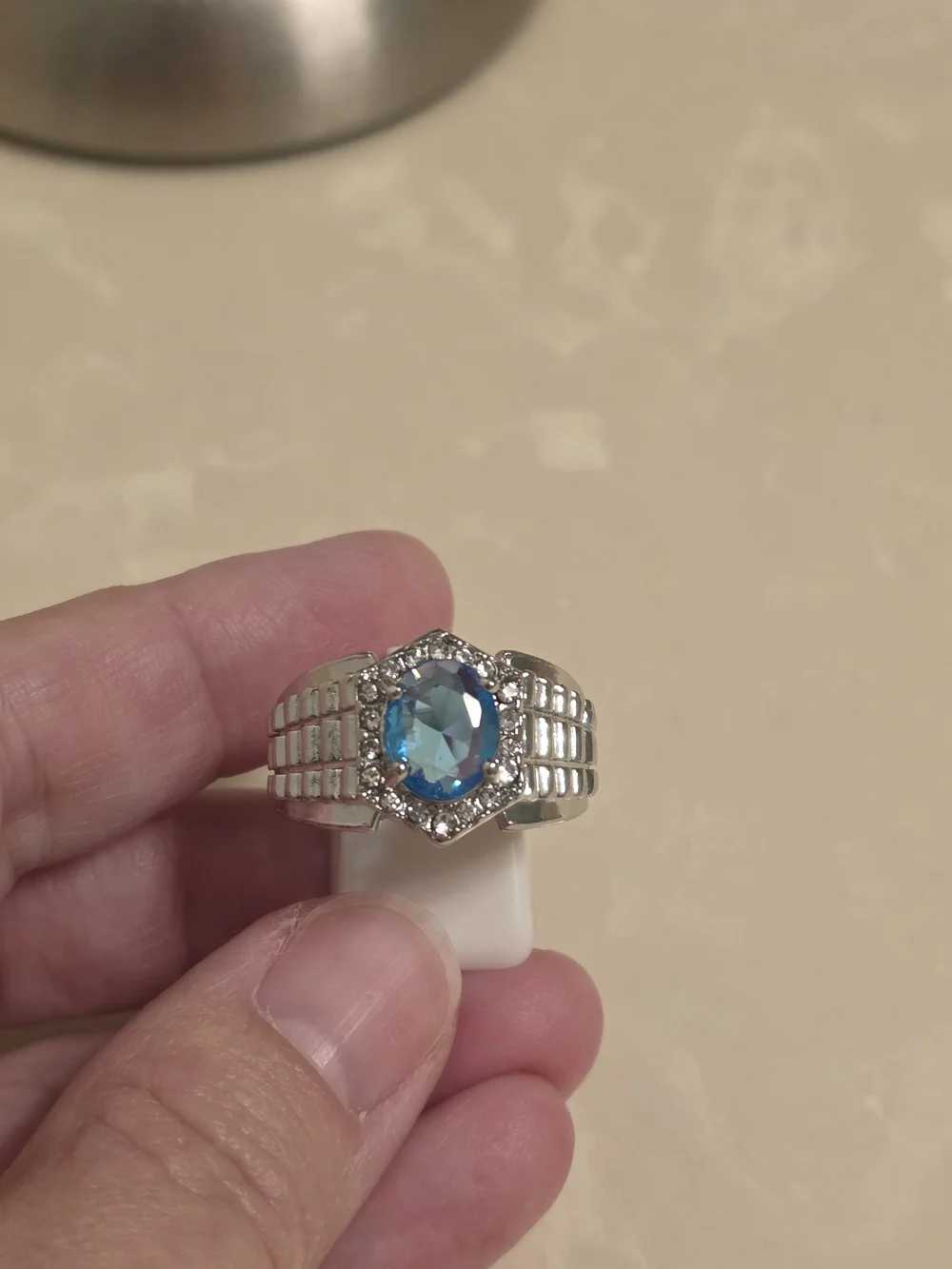 Men's Silver CZ and Aquamarine Statement Ring Size 10
